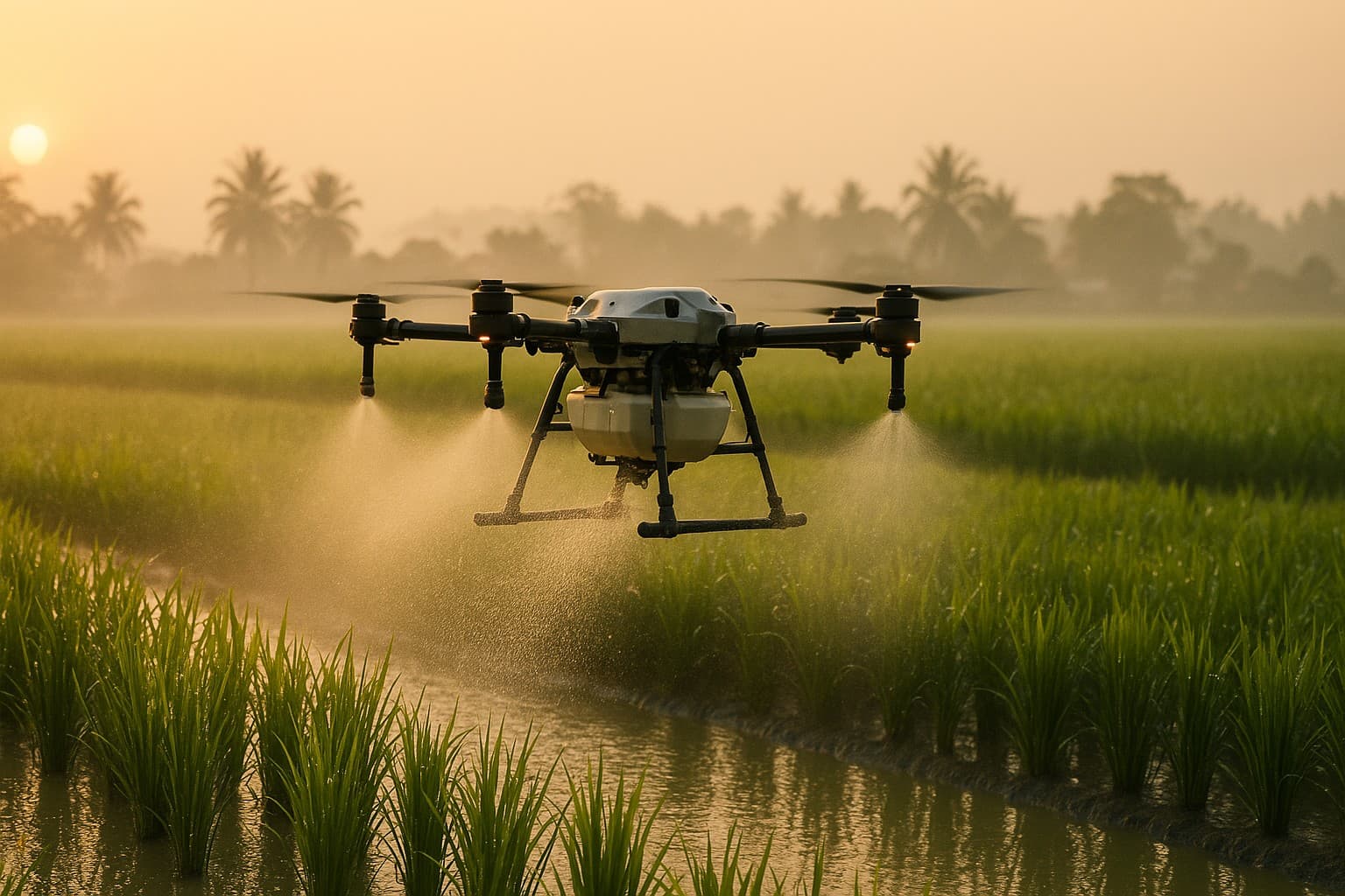 Drone performing precision spraying over a field