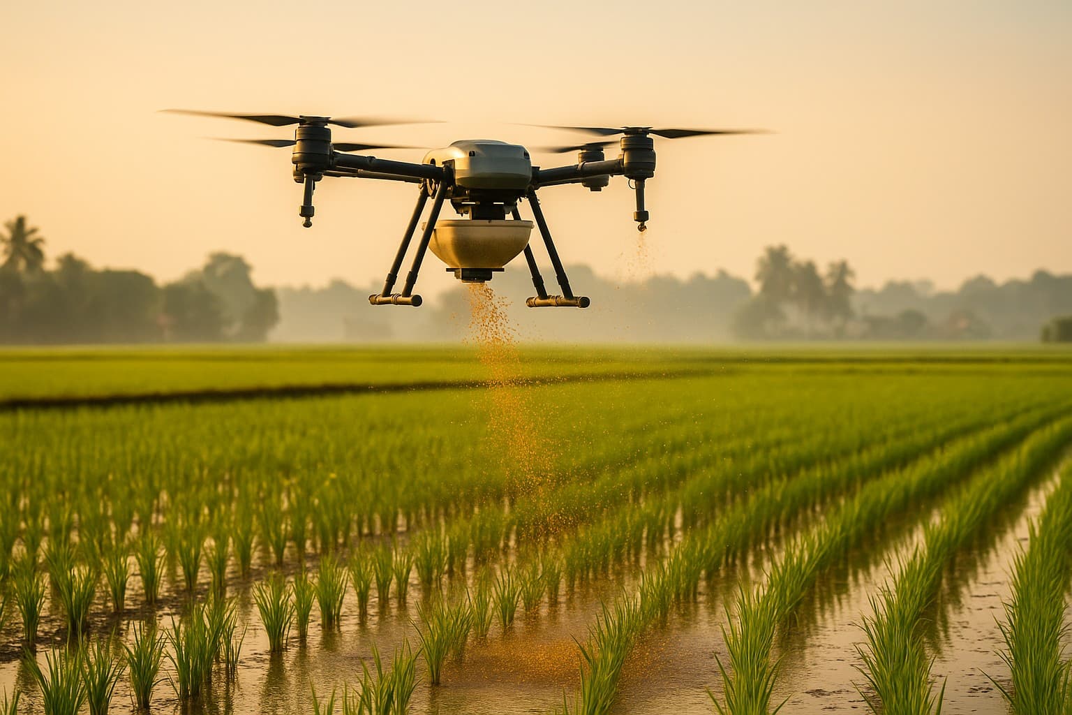 Drone spreading seeds over a prepared field